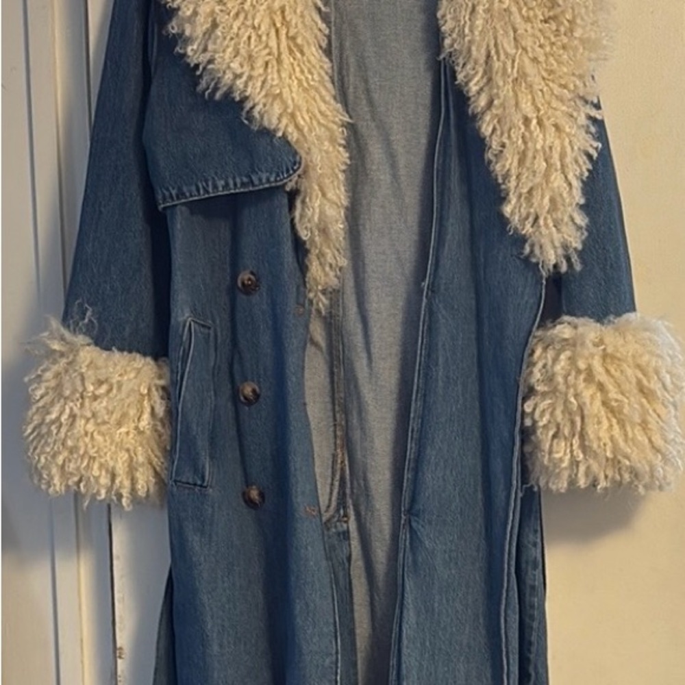 BLANK NYC Denim Coat with Faux Fur Trim
